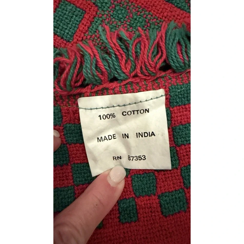 Vintage Christmas Throw Blanket Red Green Santa Sleigh House 100% Cotton Woven